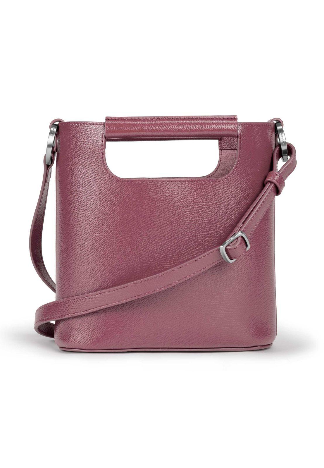 a pink handbag with a metal handle