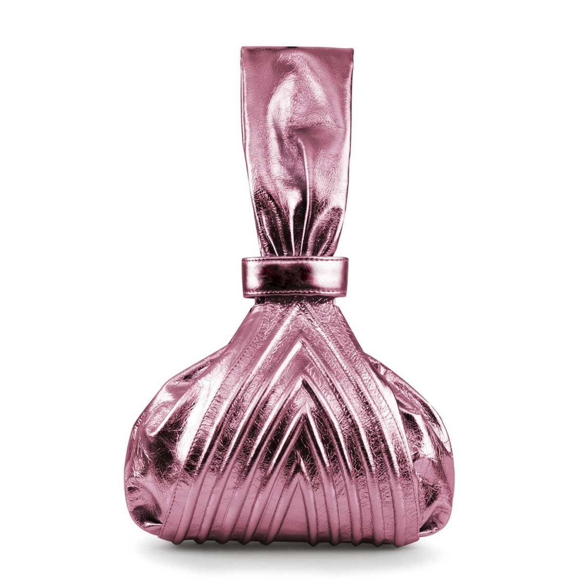 a pink glass vase with a design on it