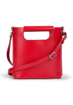 a red handbag with a metal handle