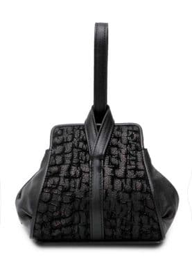 a black purse sitting on top of a white surface