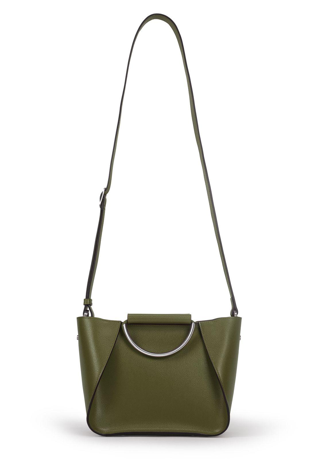 a green handbag with a metal handle