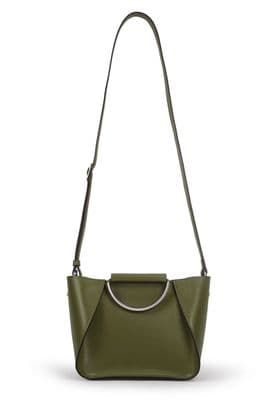 a green handbag with a metal handle