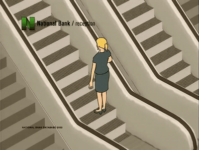a cartoon of a woman walking down a set of stairs