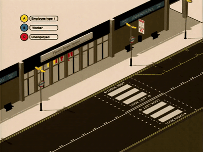 a street scene with a crosswalk and a bus stop