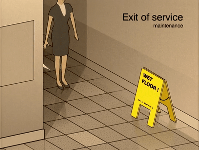 a cartoon of a woman standing in a hallway next to a sign