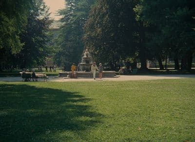 a group of people standing around a fountain in a park