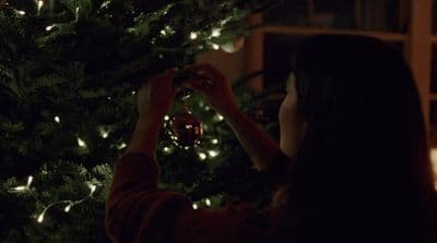 a woman holding a christmas ornament in front of a christmas tree