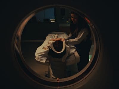 a woman standing next to a baby in a crib