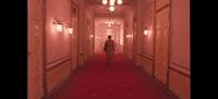 a person walking down a long hallway with red carpet