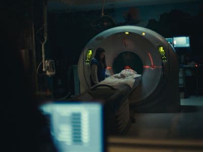 a person laying in a bed in a dark room