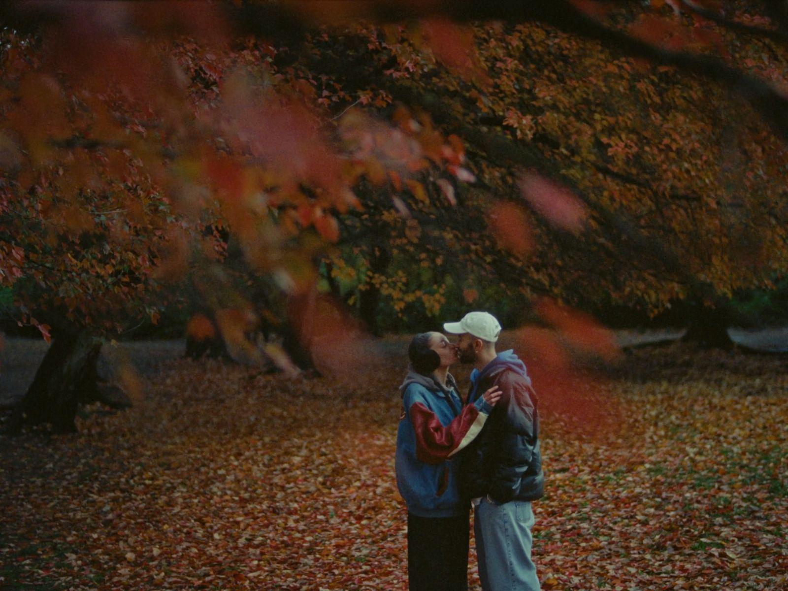 a couple of people that are standing in the leaves