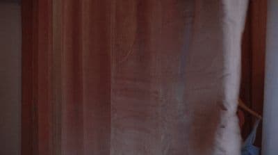 a blurry photo of a curtain with a cat on it