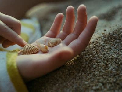 a hand reaching for a shell in the sand