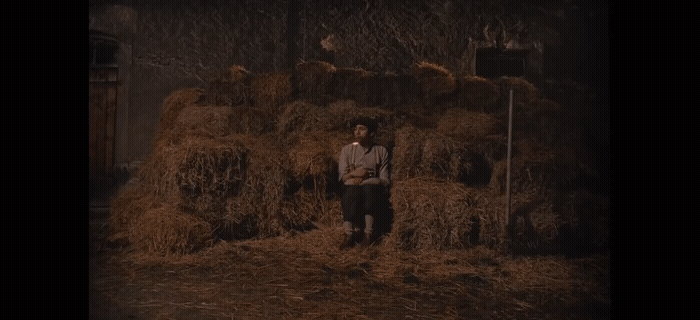 a man standing in front of a pile of hay
