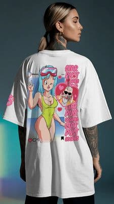 a woman wearing a white shirt with a cartoon character on it