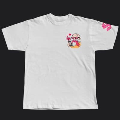 a white t - shirt with a picture of a woman wearing sunglasses