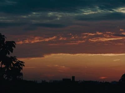 the sun is setting over a city skyline