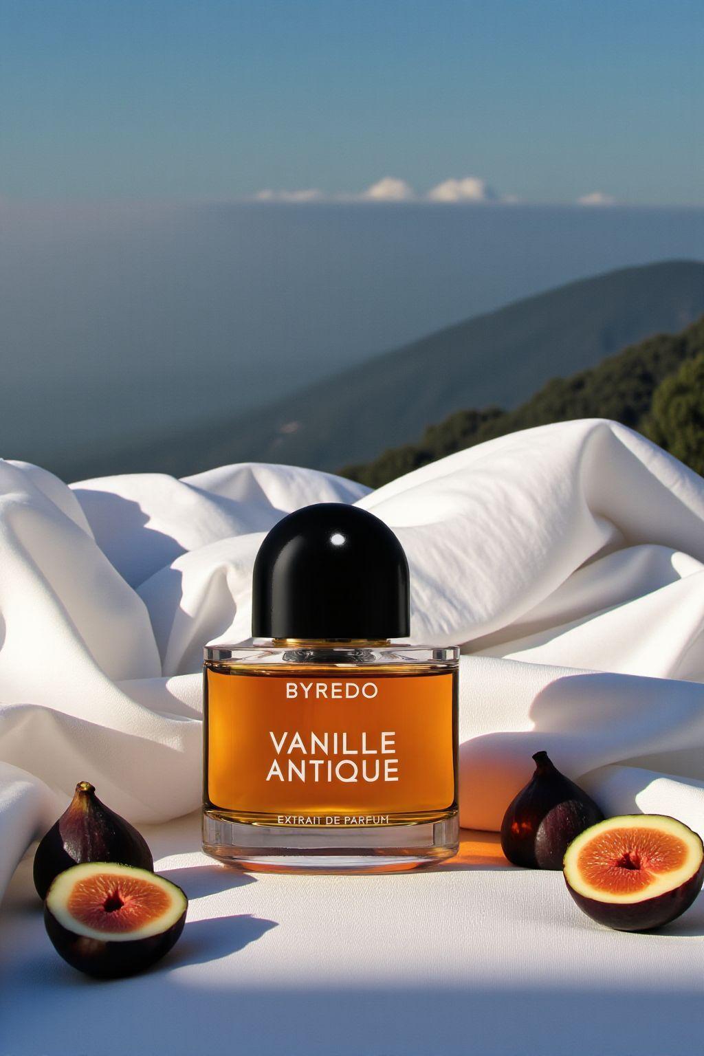 a bottle of perfume sitting on top of a white sheet