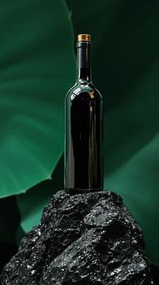 a bottle of wine sitting on top of a rock