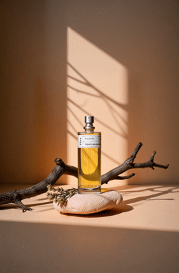 a bottle of perfume sitting on top of a rock