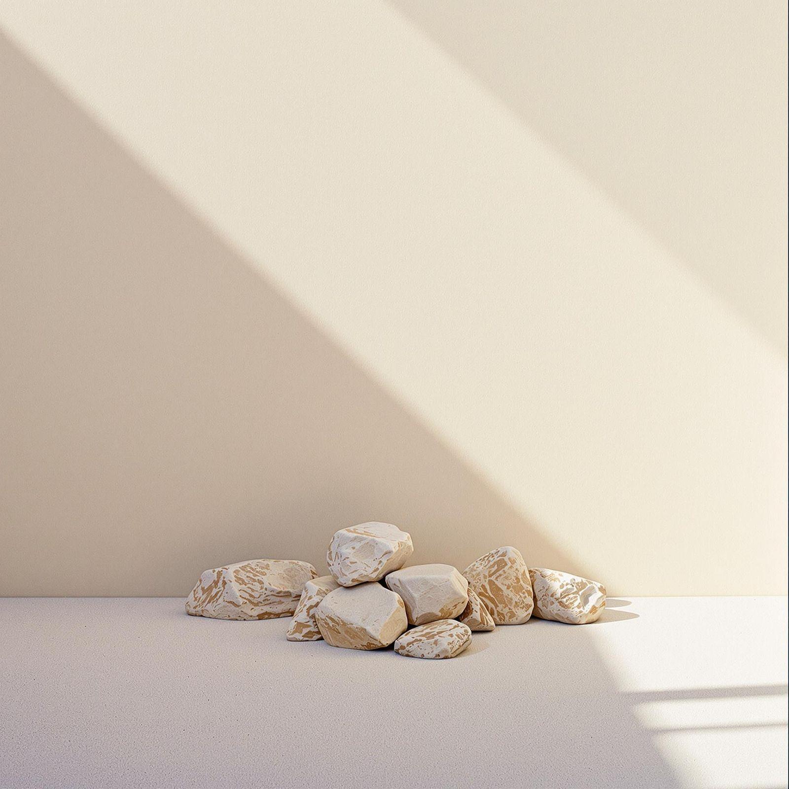 a pile of rocks sitting on top of a white floor