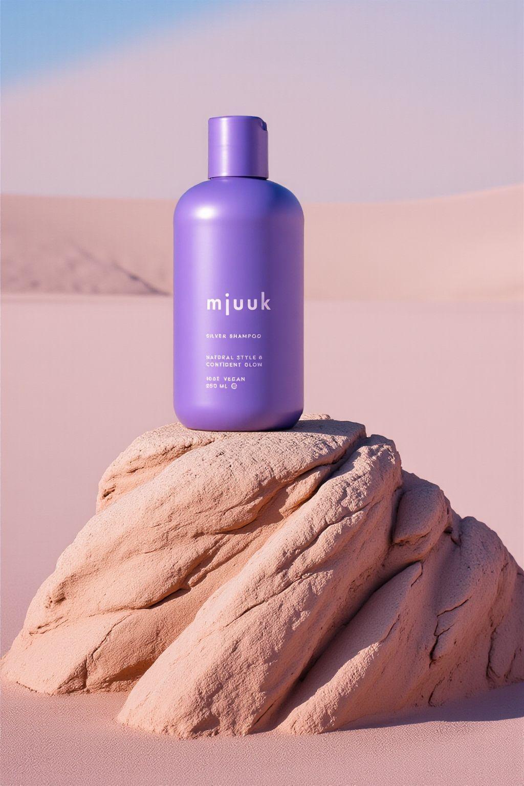 a purple bottle sitting on top of a rock