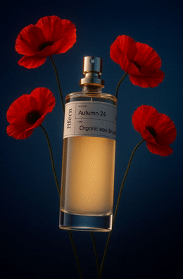 a bottle of perfume sitting next to some red flowers