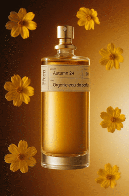 a bottle of perfume surrounded by yellow flowers