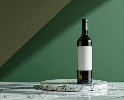 a bottle of wine sitting on top of a marble table