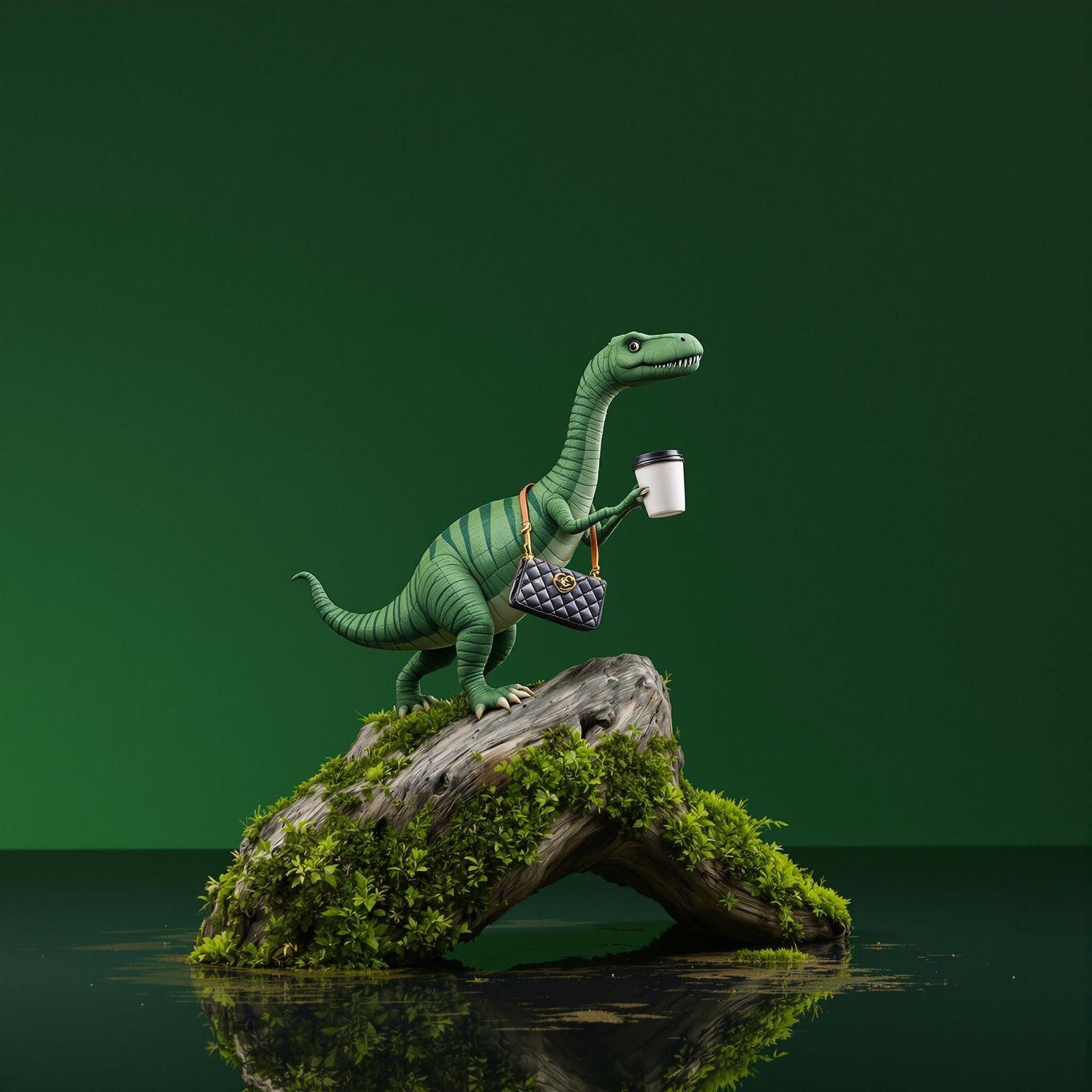 a toy dinosaur holding a cup on top of a rock