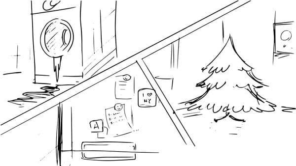 a cartoon of a house with a christmas tree