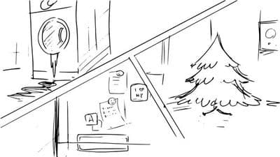 a cartoon of a house with a christmas tree