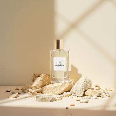a bottle of perfume sitting on top of rocks