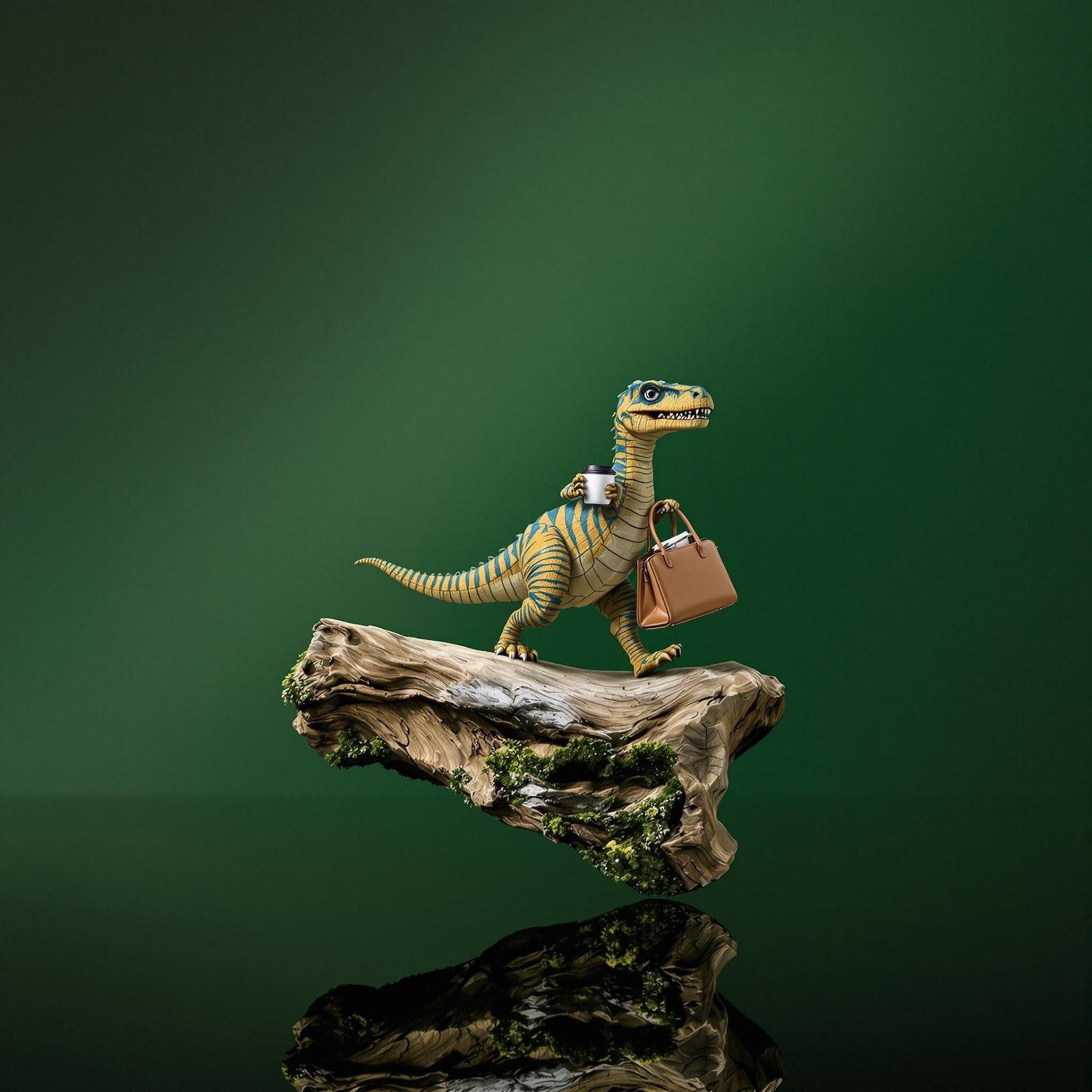 a toy dinosaur carrying a bag on top of a log