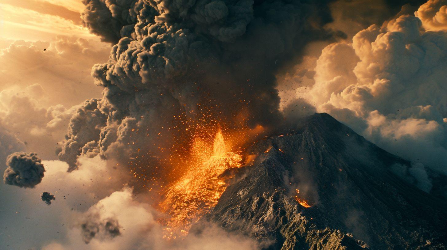 a large plume of smoke and steam billowing out of the top of a mountain