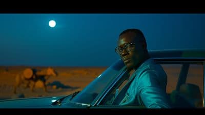 a man sitting in a car with a camel in the background