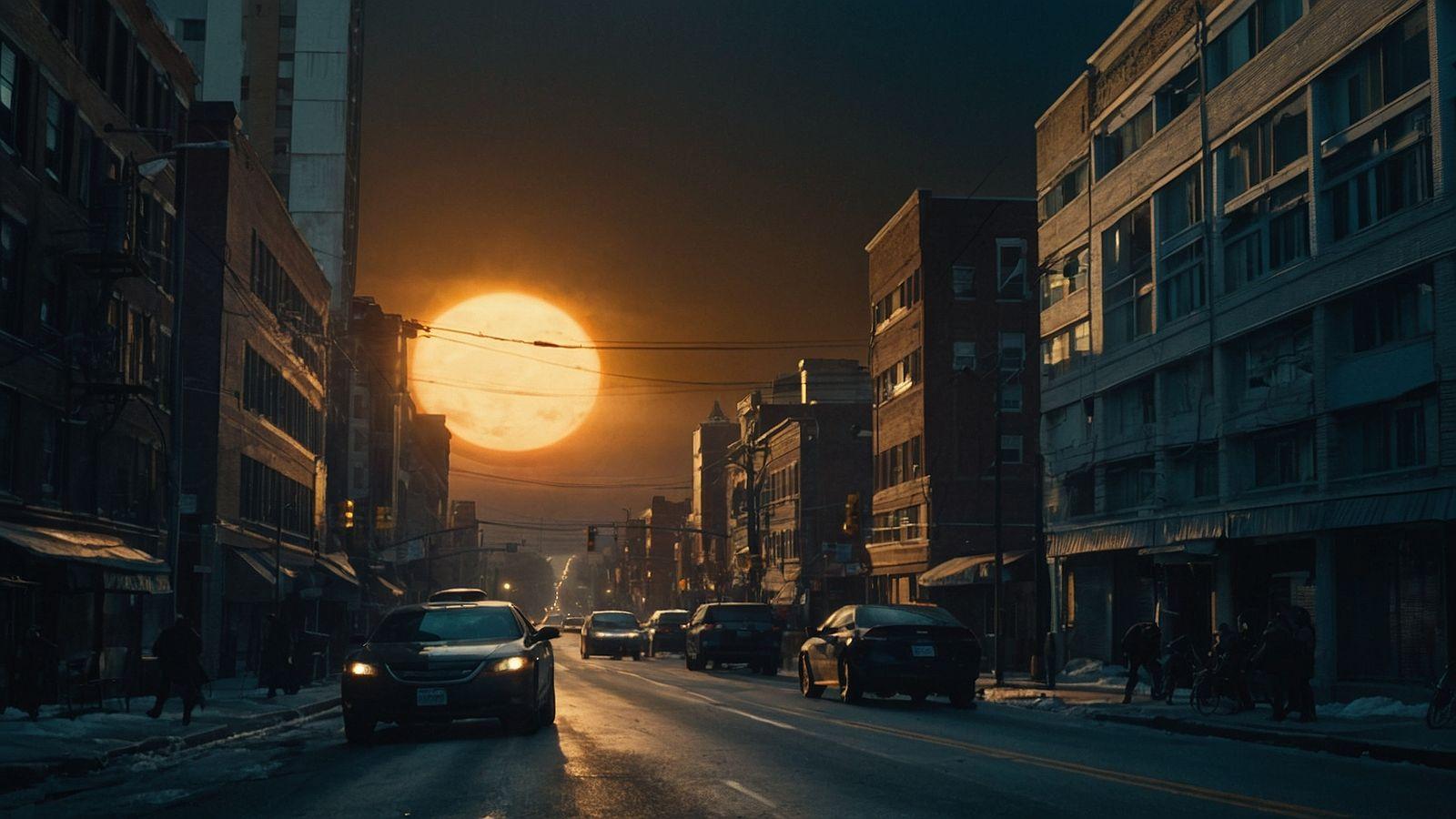 the sun is setting over a city street