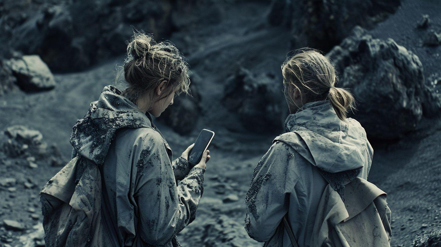 two women standing next to each other looking at a cell phone
