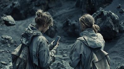 two women standing next to each other looking at a cell phone
