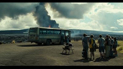 a group of people standing in front of a bus
