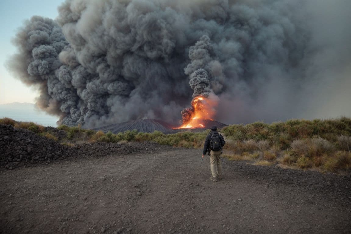 a man walking down a dirt road towards a large plume of smoke