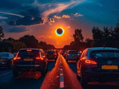 a solar eclipse is seen in the sky over a line of cars
