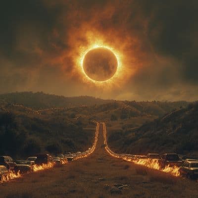 a large solar eclipse is seen over a road
