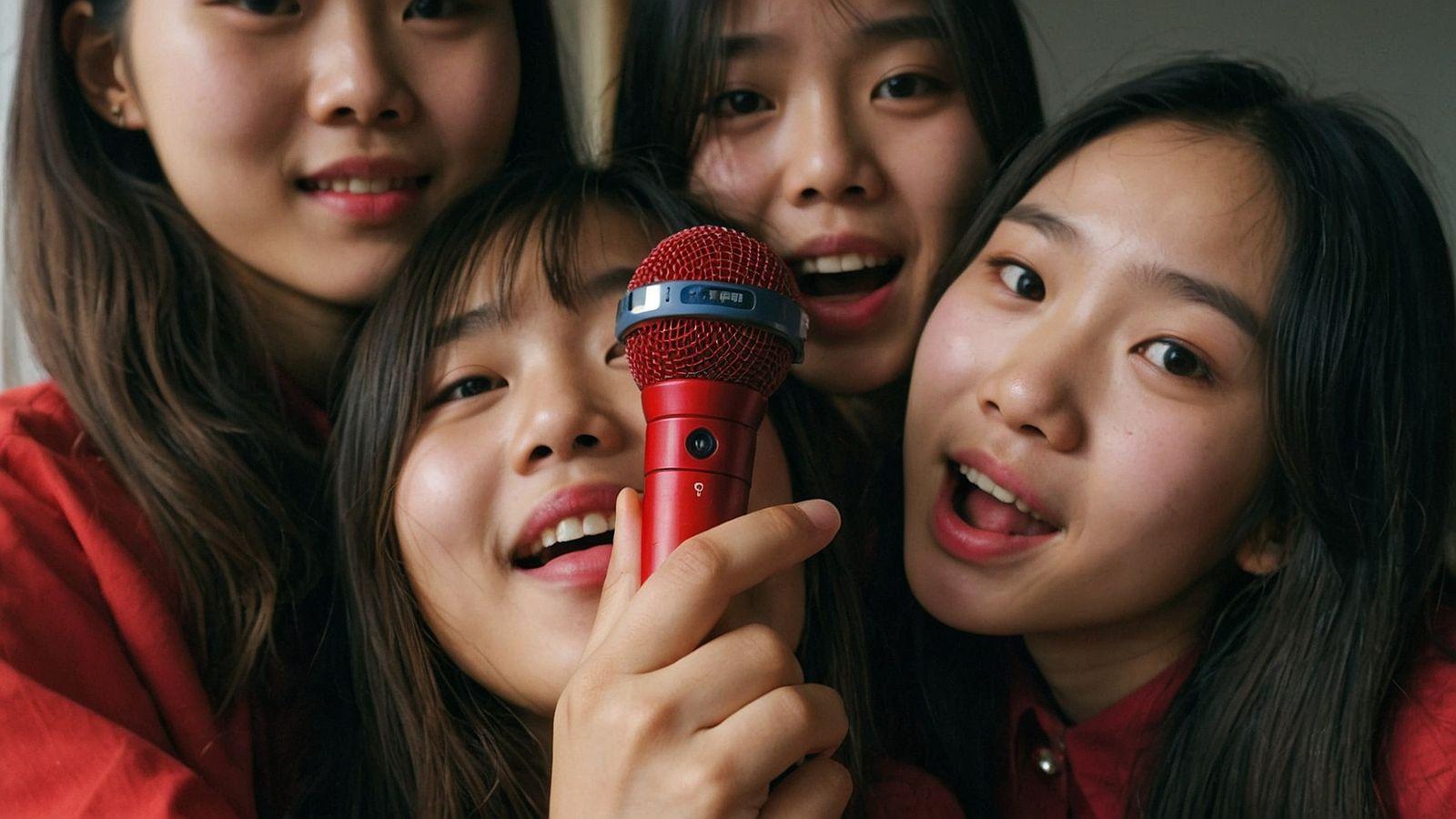 a group of asian women holding a microphone