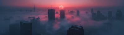 a foggy cityscape with skyscrapers in the distance