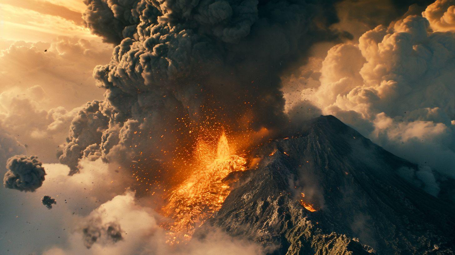 a large plume of smoke and steam billowing out of the top of a mountain