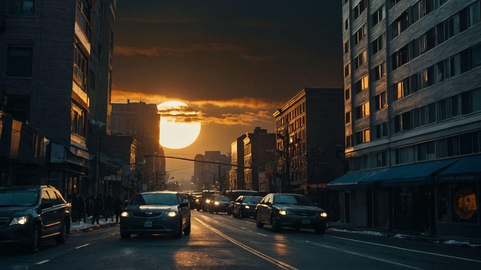 the sun is setting over a city street
