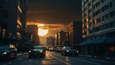 the sun is setting over a city street