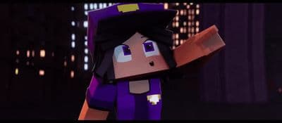 a cartoon character with a purple outfit and a black hat