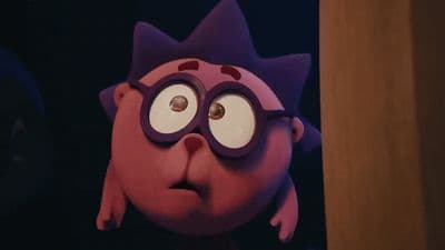 a close up of a cartoon character with big eyes
